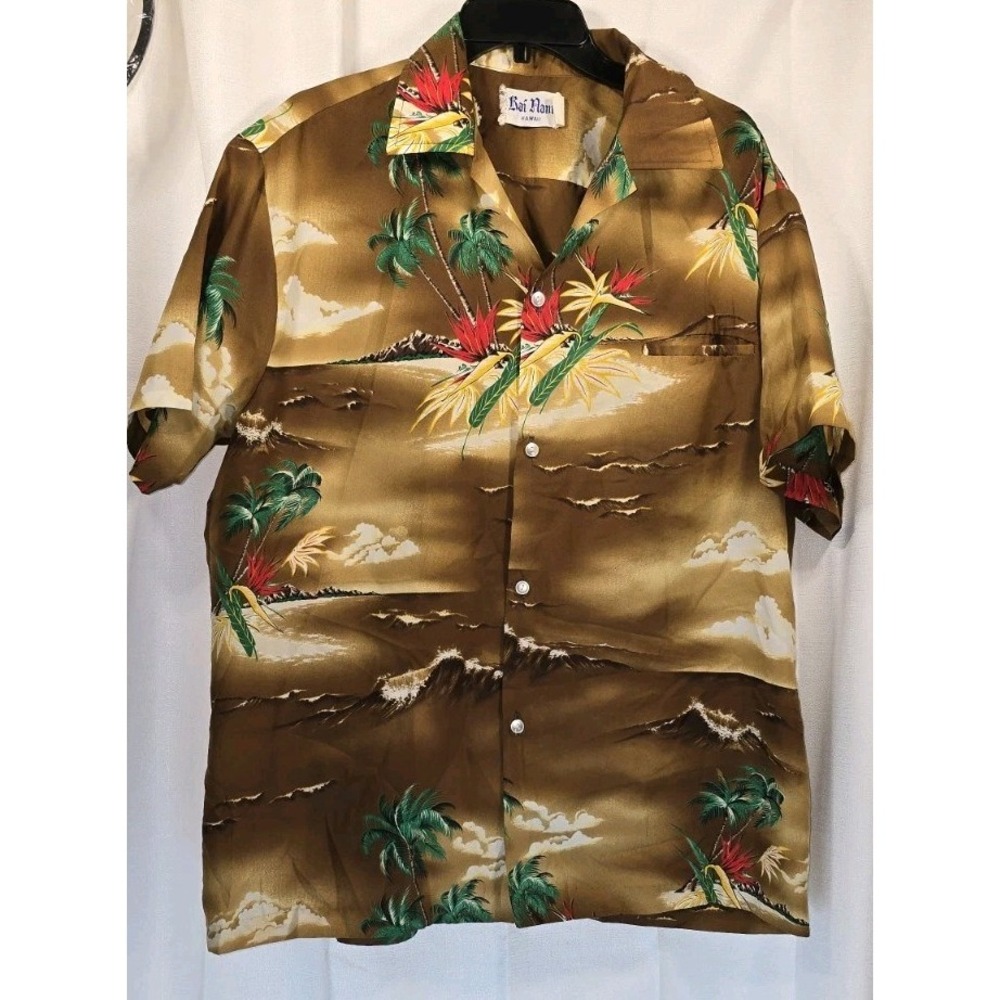 Vintage Kai Nani Hawaii Hawaiian Sail Button Down Shirt‎ XLarge Brown Palm Trees